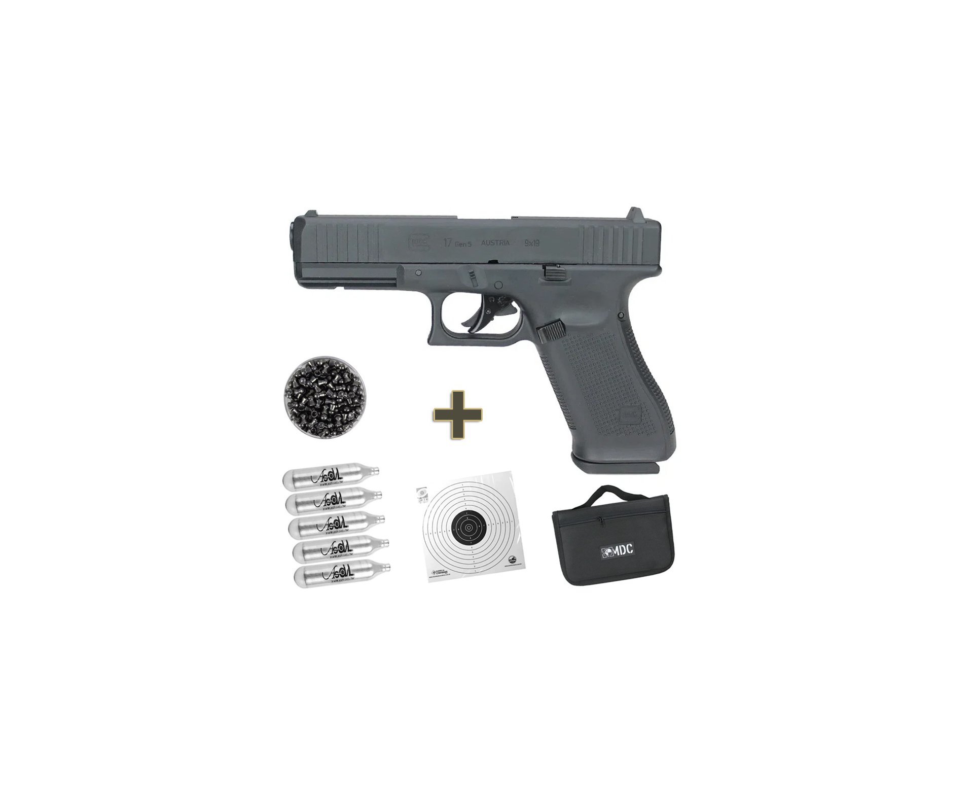 Pistola de Pressão CO2 Glock G17 GEN 5 Chumbinho 4.5 Blowback - Umarex + Chumbinho + Co2 + Alvos + Case
