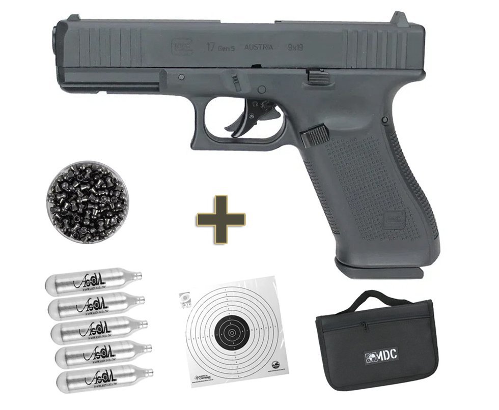 Pistola de Pressão CO2 Glock G17 GEN 5 Chumbinho 4.5 Blowback - Umarex + Chumbinho + Co2 + Alvos + Case