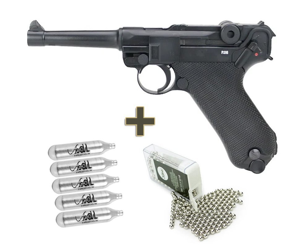 Pistola de Pressão CO2 Luger P08 WWII Blowback 4.5mm Legends/Umarex + Co2 + BBs de aço