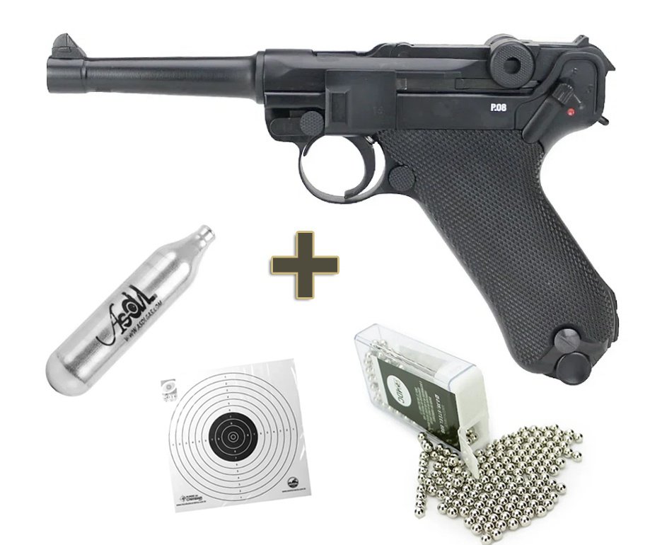 Pistola de Pressão CO2 Luger P08 WWII Blowback 4.5mm Legends/Umarex + 05 Co2 + Bbs de Aço + Alvos