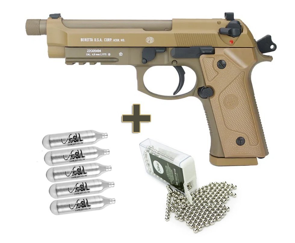 Pistola de Pressão CO2 Beretta M9A3 FM TAN Blowback 4.5 - Umarex + Co2 + Esfera de aço