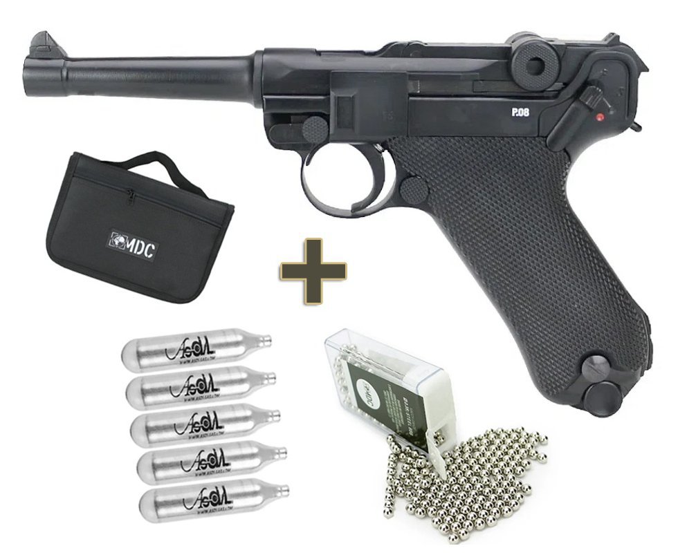 Pistola de Pressão CO2 Luger P08 WWII Blowback 4.5mm Legends/Umarex + Co2 + BBS de Aço + Capa de Transporte