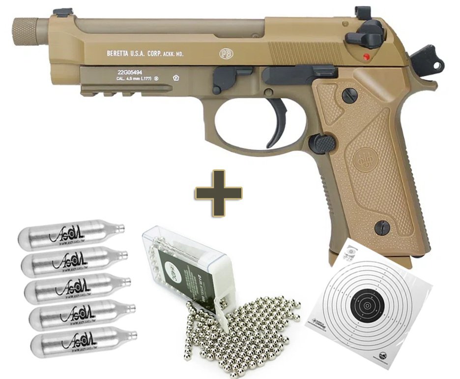 Pistola de Pressão CO2 Beretta M9A3 FM TAN Blowback 4.5 - Umarex + Co2 + Esfera de aço + Alvos