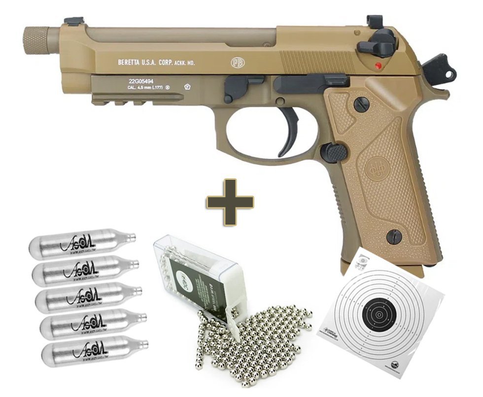 Pistola de Pressão CO2 Beretta M9A3 FM TAN Blowback 4.5 - Umarex + Co2 + Esfera de aço + Alvos