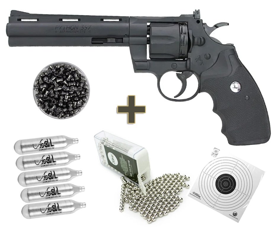 Revolver de Pressão CO2 Colt Python 357 Cano 6" 4.5mm BB/ Chumbinho - Umarex + Co2 + Esfera de aço + Chumbinho + Alvos