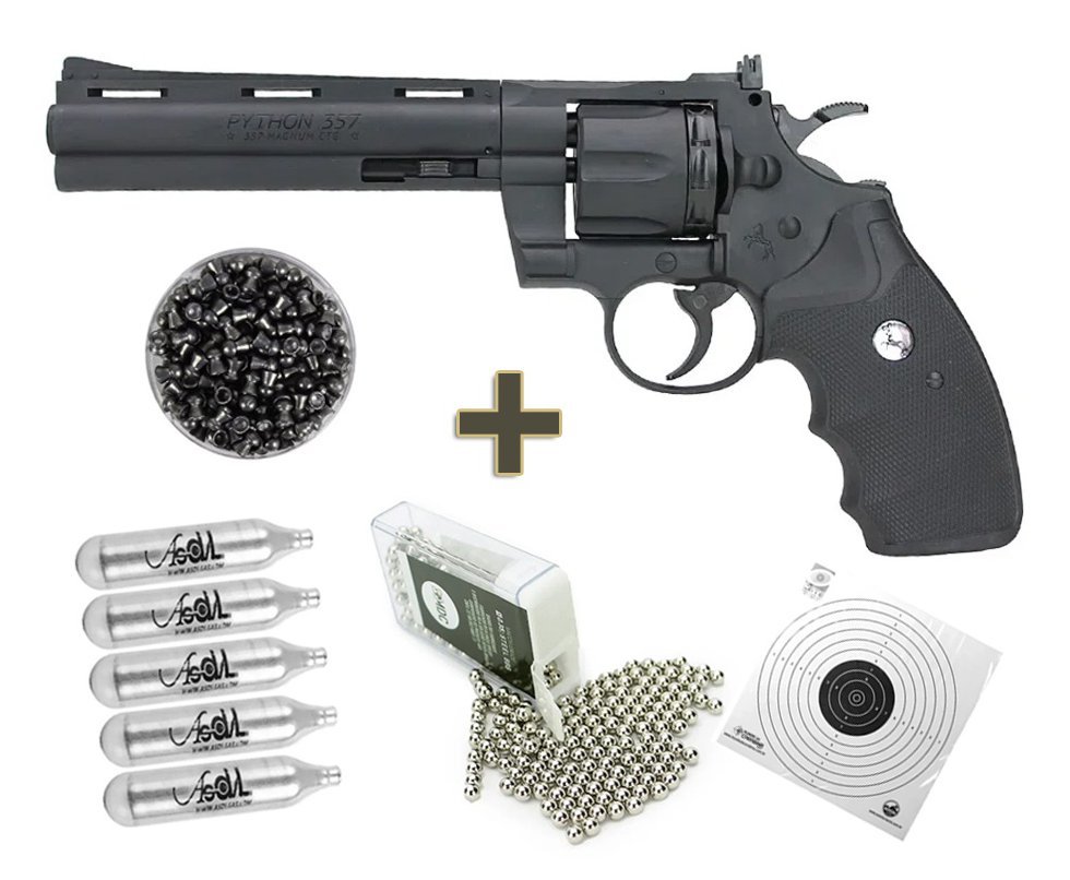 Revolver de Pressão CO2 Colt Python 357 Cano 6" 4.5mm BB/ Chumbinho - Umarex + Co2 + Esfera de aço + Chumbinho + Alvos