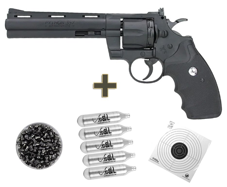 Revolver de Pressão CO2 Colt Python 357 Cano 6" 4.5mm BB/ Chumbinho - Umarex + Co2 + Chumbinho + Alvos