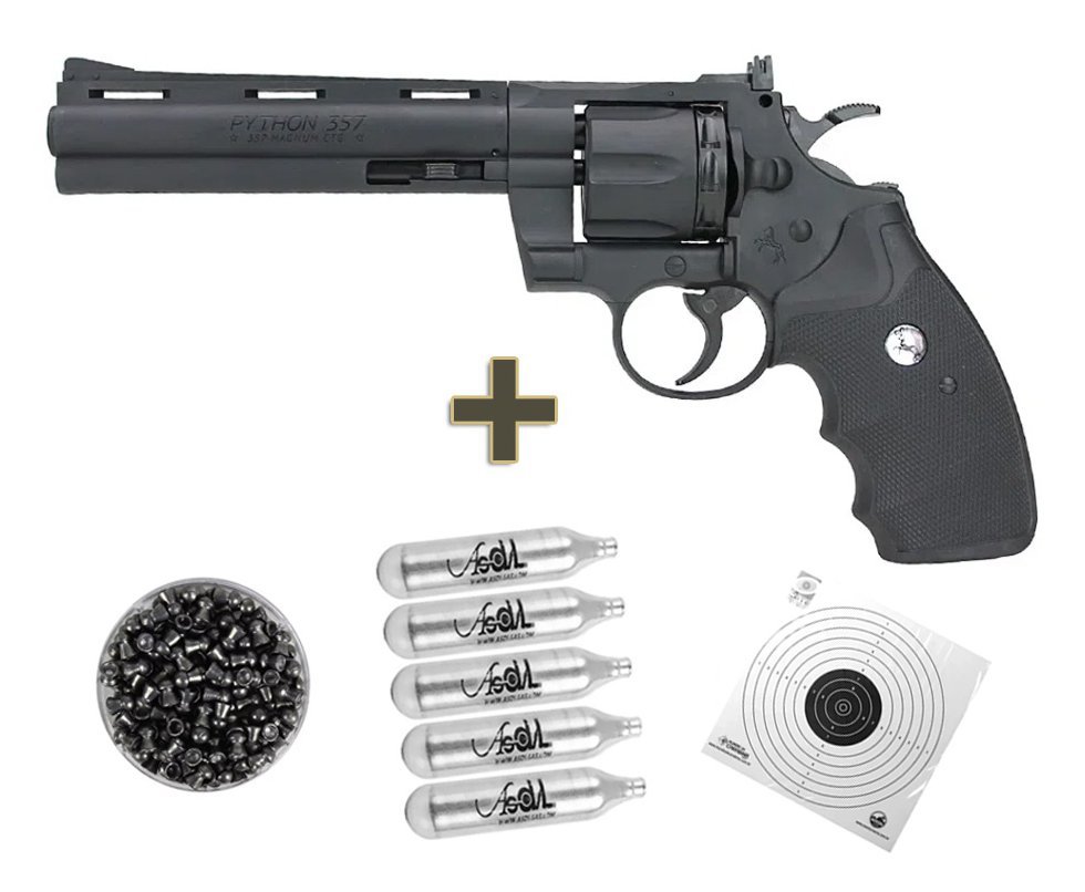 Revolver de Pressão CO2 Colt Python 357 Cano 6" 4.5mm BB/ Chumbinho - Umarex + Co2 + Chumbinho + Alvos