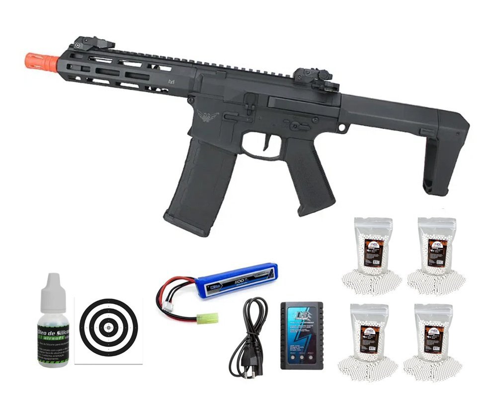Rifle de Airsoft AEG M4 M904G PDW Bradok Gatilho Eletrônico - D.E Armory + Bateria + Carregador + Oleo de Silicone + Esferas