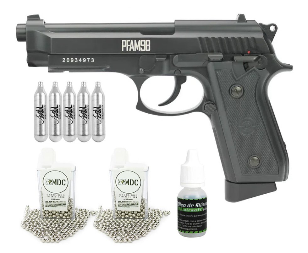 Pistola Pressão CO2 PT92 PFAM9B Full Metal Semi / Full Auto 4.5mm - Crosman + Co2 + Esferas + Óleo de silicone