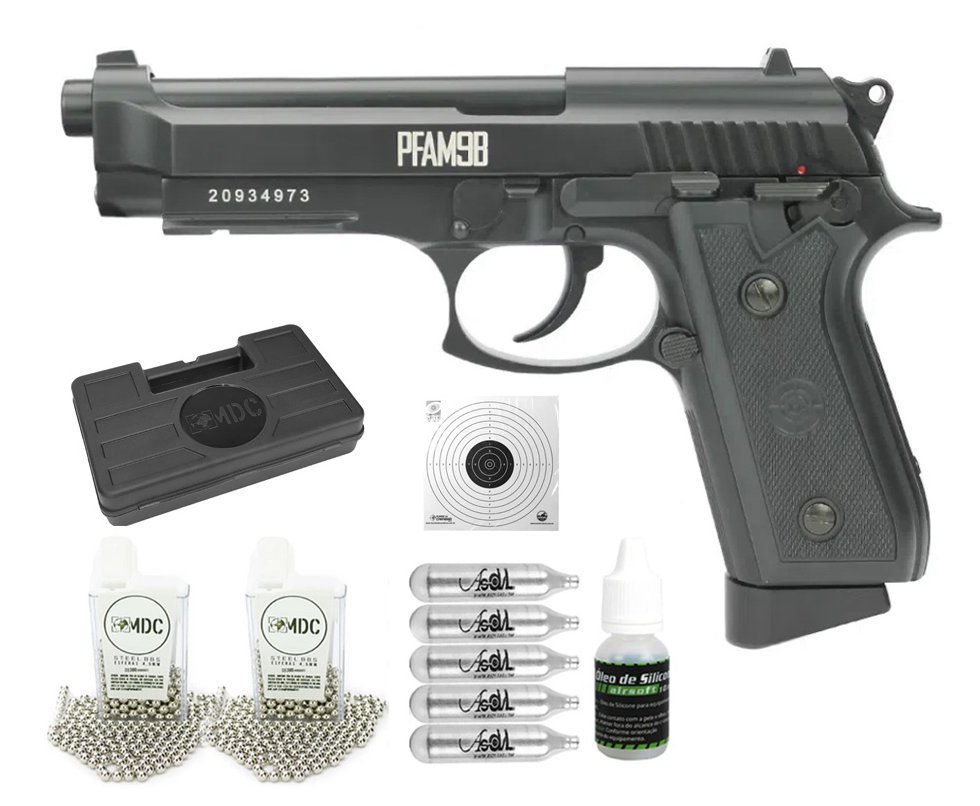 Pistola Pressão CO2 PT92 PFAM9B Full Metal Semi / Full Auto 4.5mm - Crosman + Co2 + Esferas + Alvos descartáveis + Oleo + Case
