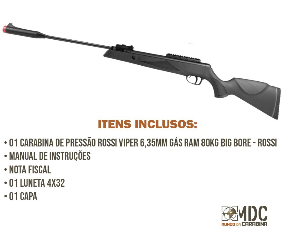 Carabina de Pressão Rossi Viper 6,35mm Gás Ram 80kg Big Bore - Rossi + Luneta 4x32 Mount Unico + Capa