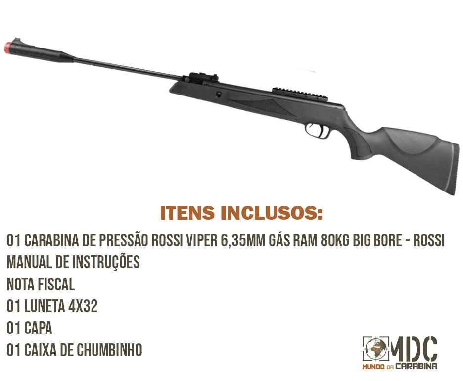 Carabina de Pressão Rossi Viper 6,35mm Gás Ram 80kg Big Bore - Rossi + Luneta 4x32 Mount Único + Capa + Chumbinho