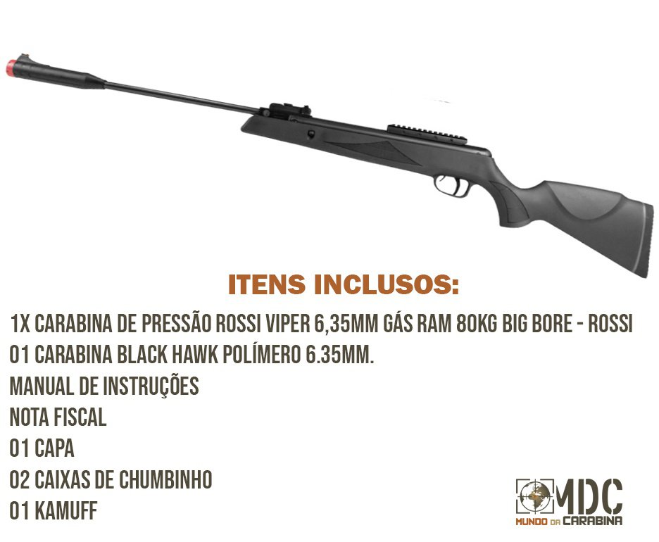Carabina De Pressão Rossi Viper Gas Ram 80kg 6.35mm Artemis + Capa + Chumbinho + Kamuff
