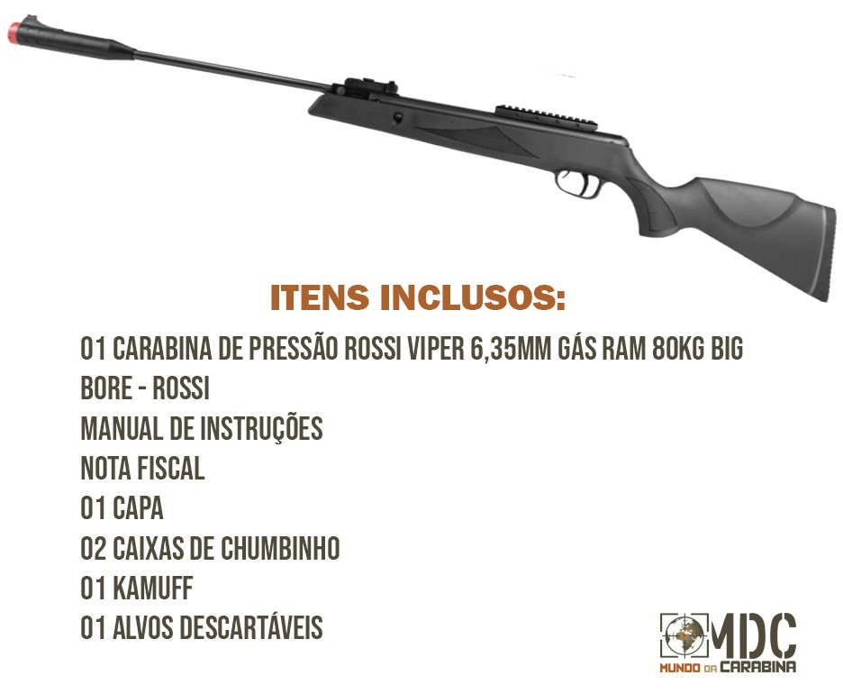 Carabina de Pressão Rossi Viper 6,35mm Gás Ram 80kg Big Bore - Rossi + Capa + Chumbinho + Kamuff + Alvos Descartáveis