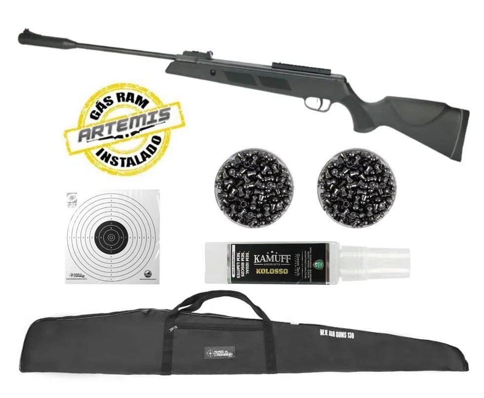 Carabina De Pressão Black Hawk Gas Ram 70kg 6.35mm Artemis + Capa + Chumbinho + Kamuff + Alvos Descartáveis