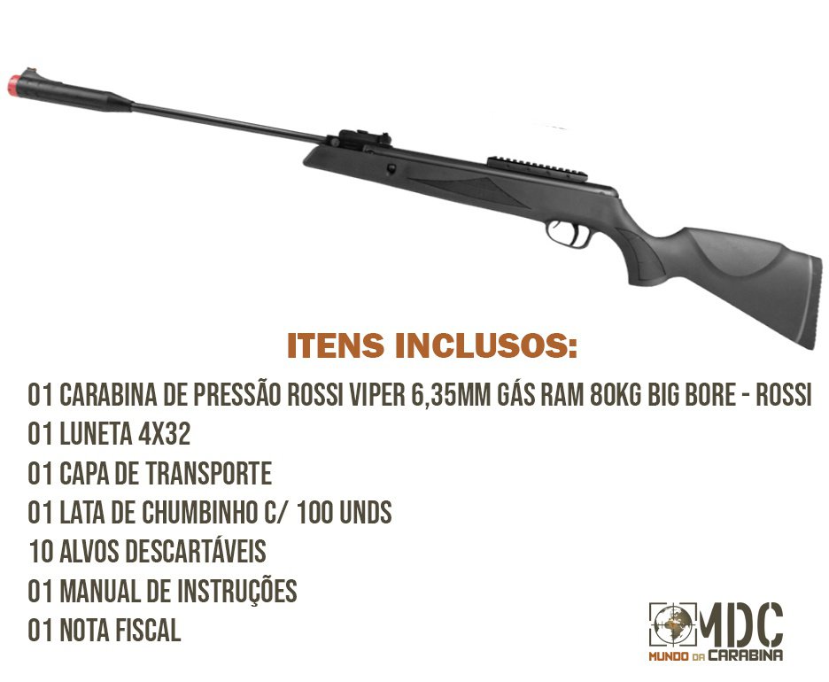 Carabina de Pressão Rossi Viper 6,35mm Gás Ram 80kg Big Bore - Rossi + Luneta 4x32 + Capa + Chumbinho + Alvos