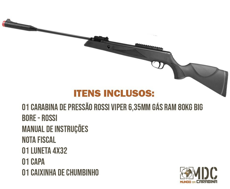 Carabina de Pressão Rossi Viper 6,35mm Gás Ram 80kg Big Bore - Rossi + Luneta 4x32 + Capa + Chumbinho