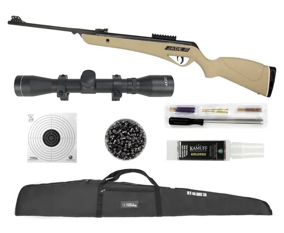 Carabina De Pressão Cbc Jade Pro Oxidada Desert 5.5 + Luneta 4x32 + Capa + Chumbinho + Kit Limpeza + Alvo descartável + Kamuff