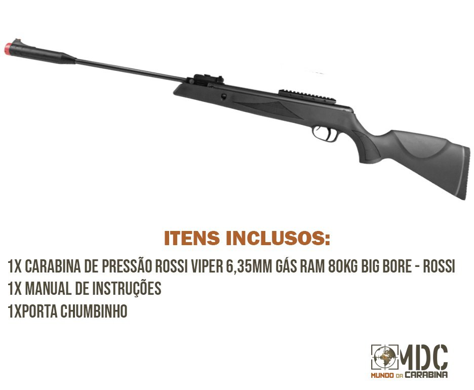 Carabina de Pressão Rossi Viper 6,35mm Gás Ram 80kg Big Bore - Rossi + Porta chumbinho