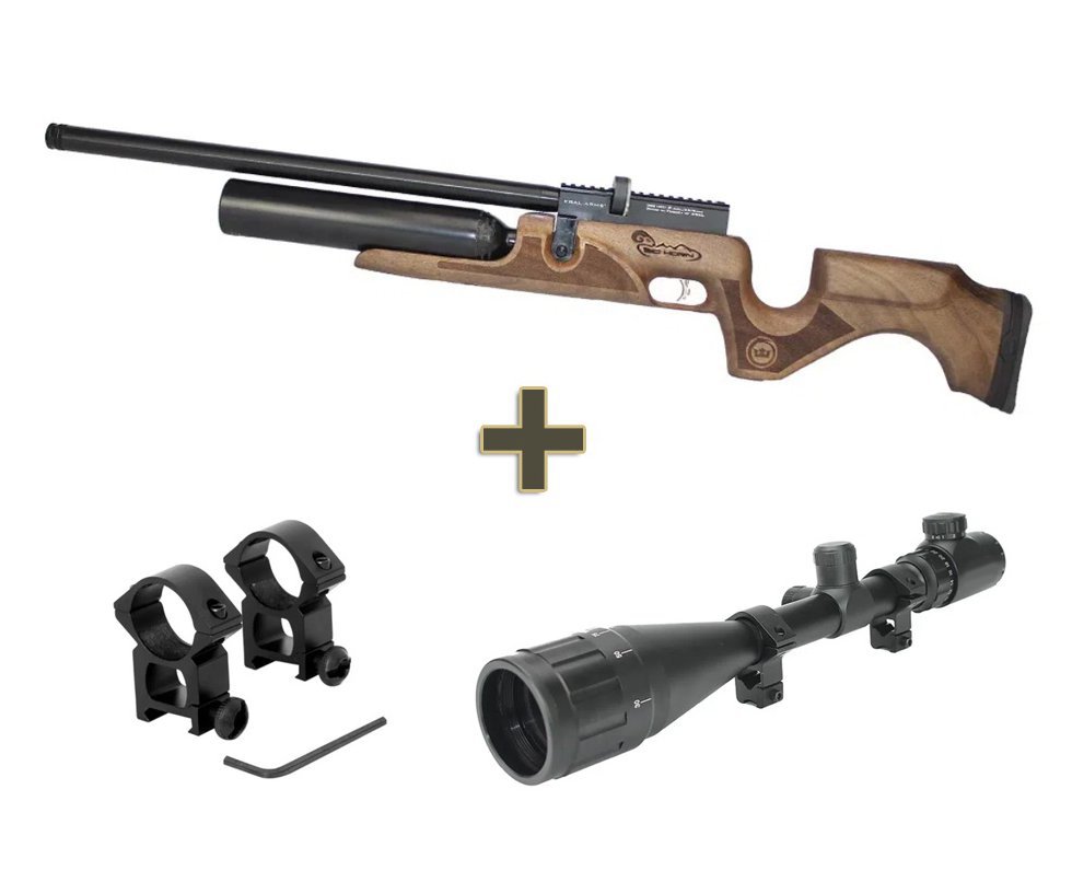 Carabina De Pressão Kral Arms Pcp Puncher Bighorn Madeira 07 Tiros 9mm + Luneta 6-24x50 + Mount 22mm