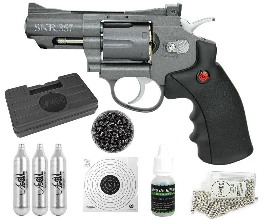 Revolver Co2 Full Metal 2" Cano Snr357 4,5 Chumbinho Crosman + Case + Alvos + Óleo de silicone + Munição + Co2