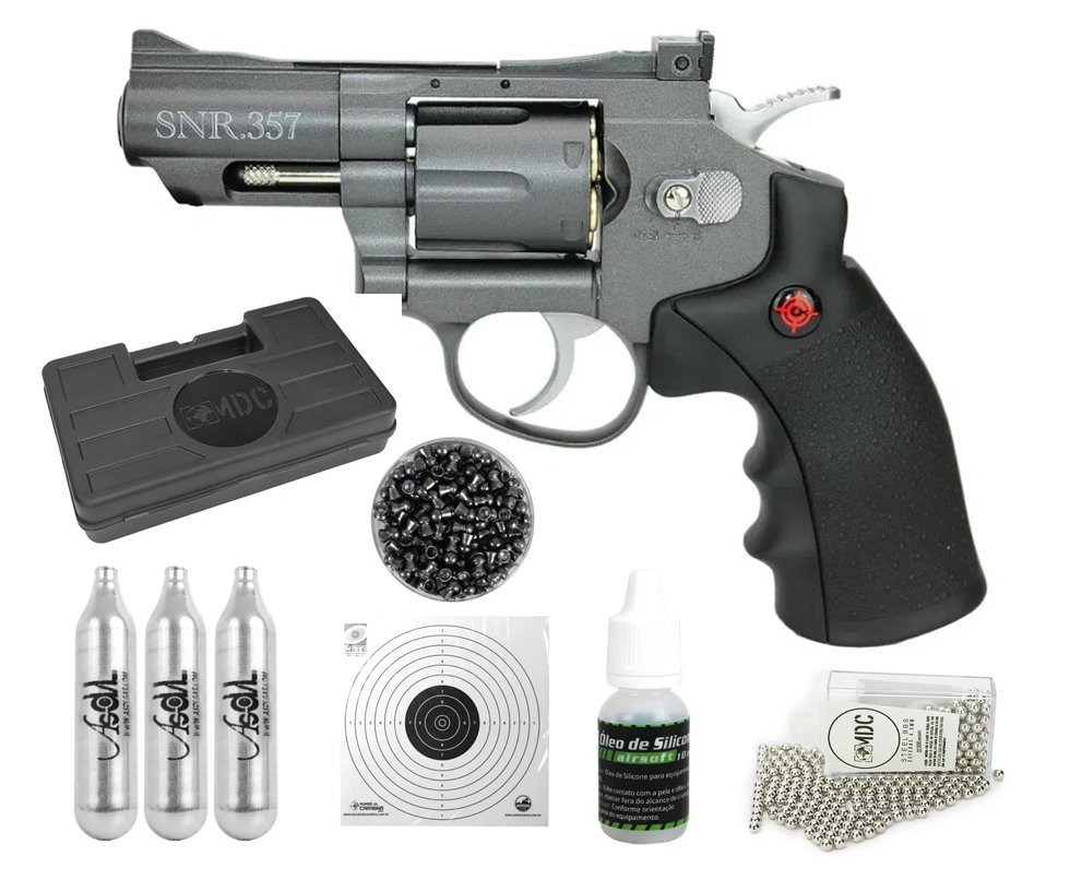 Revolver Co2 Full Metal 2" Cano Snr357 4,5 Chumbinho Crosman + Case + Alvos + Óleo de silicone + Munição + Co2