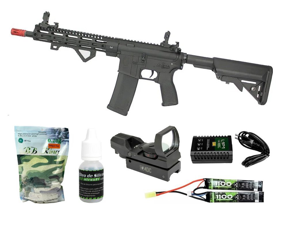 Rifle de Airsoft AEG M4 Carbine Long M-Lok SA-E20 Black Edge E-Series Pro - Specna Arms + Bateria 7.4v + Carregador + BBs + Óleo de silicone + Red Dot