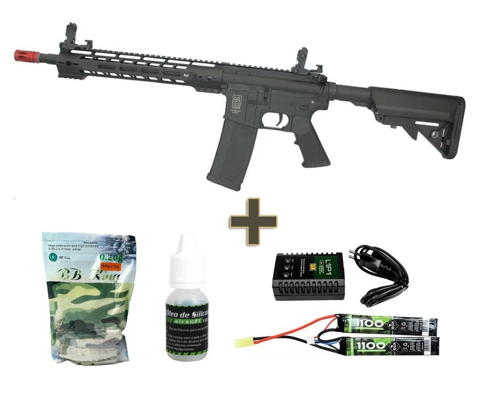 Rifle de Airsoft M4 Carbine Ris Long M-Lok Sa-C14 Black Linha Core C-Series - Specna Arms + Bateria 7.4v + Carregador + BBs + Óleo de silicone