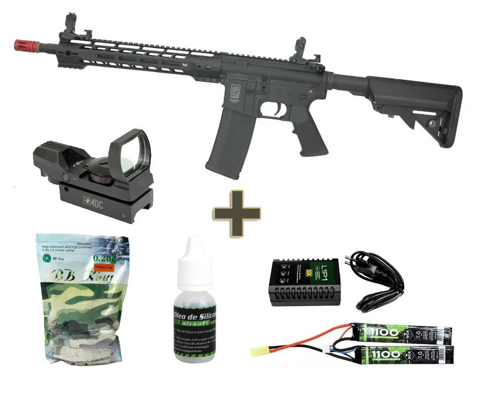 Rifle de Airsoft M4 Carbine Ris Long M-Lok Sa-C14 Black Linha Core C-Series - Specna Arms + Bateria 7.4v + Carregador + BBs + Óleo de silicone + Red Dot
