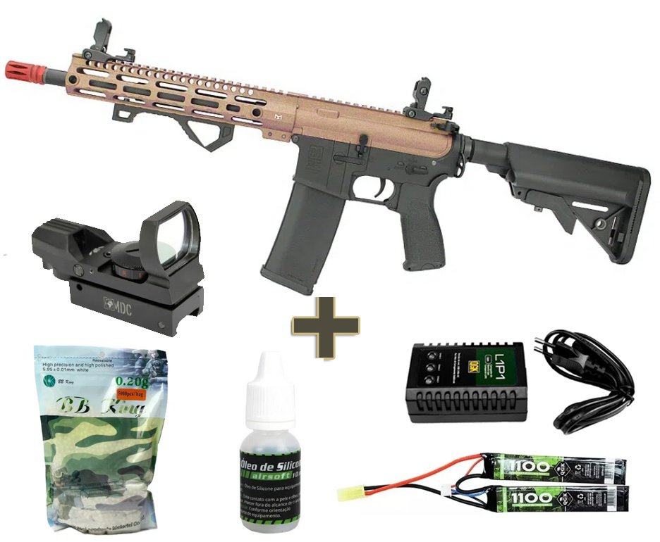 Rifle de Airsoft AEG Full Metal M4 Carbine Long M-Lok SA-E20 Half Bronze Edge E-Series - Specna Arms + Bateria 7.4v + Carregador + BBs + Óleo de silicone + Red Dot