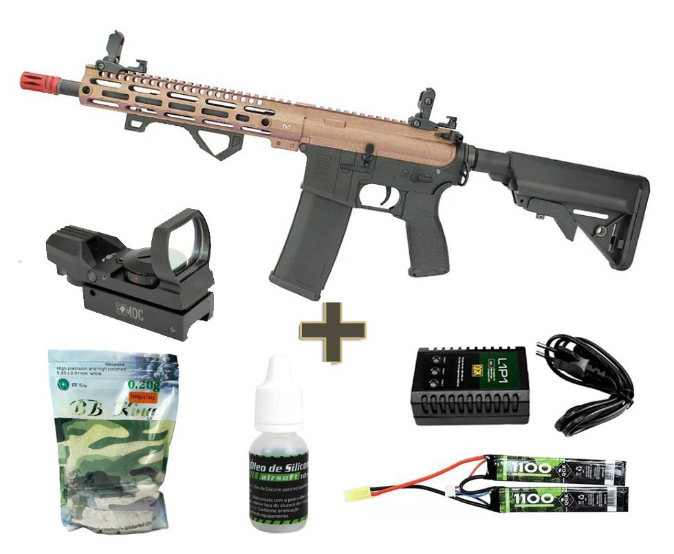 Rifle de Airsoft AEG Full Metal M4 Carbine Long M-Lok SA-E20 Half Bronze Edge E-Series - Specna Arms + Bateria 7.4v + Carregador + BBs + Óleo de silicone + Red Dot