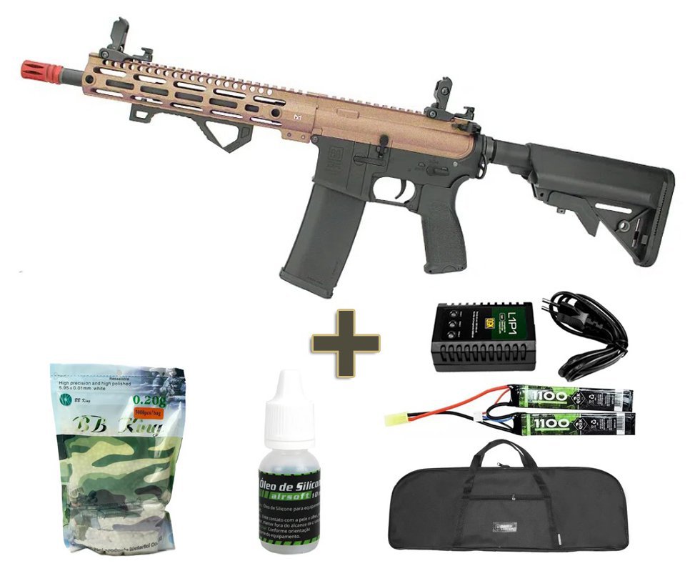 Rifle de Airsoft AEG Full Metal M4 Carbine Long M-Lok SA-E20 Half Bronze Edge E-Series - Specna Arms + Bateria 7.4v + Carregador + BBs + Óleo de silicone + Capa
