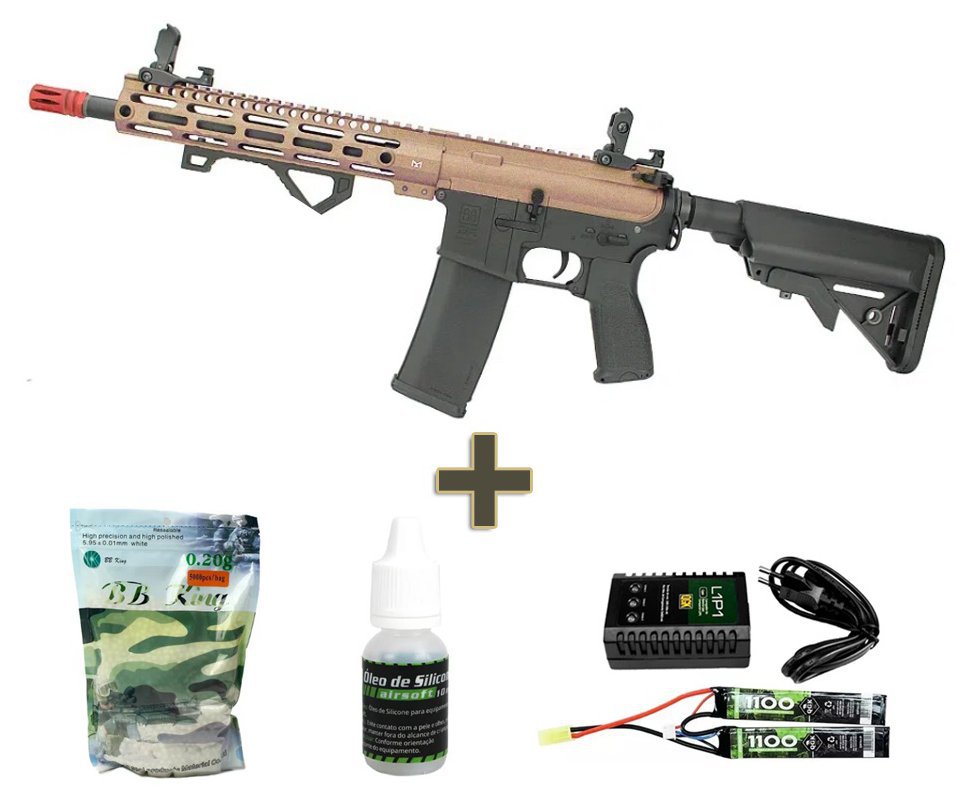 Rifle de Airsoft AEG Full Metal M4 Carbine Long M-Lok SA-E20 Half Bronze Edge E-Series - Specna Arms + Bateria 7.4v + Carregador + BBs + Óleo de silicone