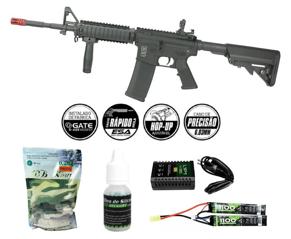 Rifle de Airsoft M4 Carbine SA-C03 Black Linha Core C-Series - Specna Arms + Bateria 7.4v + Carregador + BBs + Óleo de Silicone