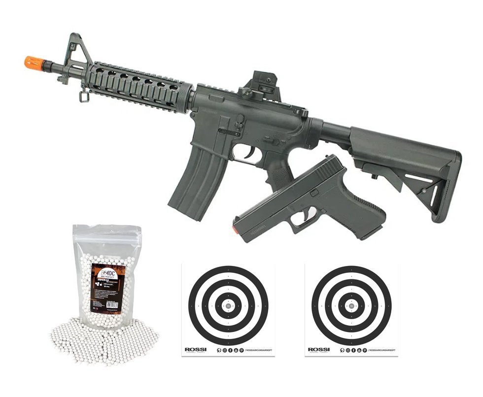 Kit Rifle M4 E Pistola V307 De Airsoft Vigor Vg Spring Rossi 6mm + BBs + Alvos