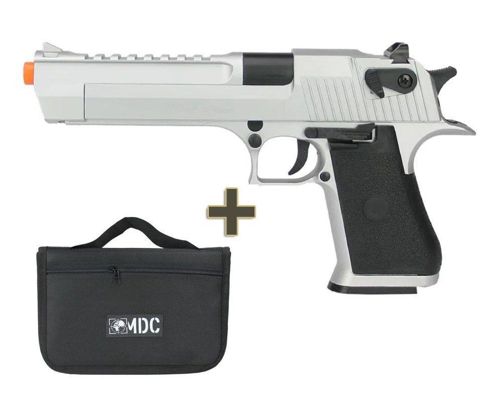 Pistola de Airsoft Spring Desert Eagle .50 SDE SV 6mm QGK Prata + Capa