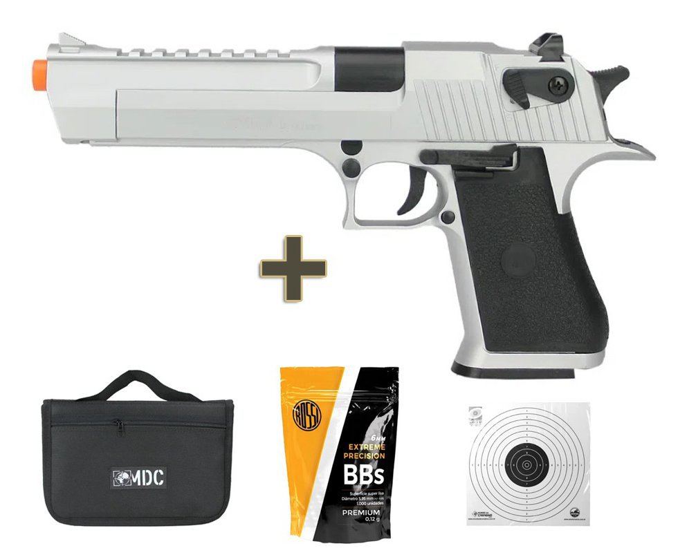 Pistola de Airsoft Spring Desert Eagle .50 SDE SV 6mm QGK Prata + Capa + BBs + Alvos