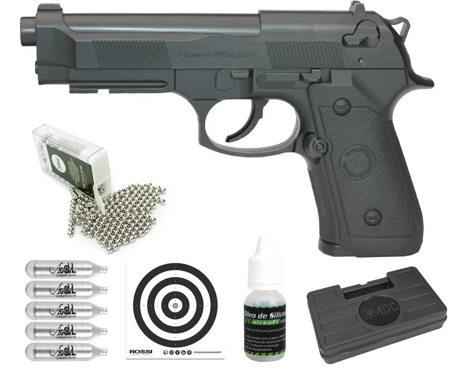 Pistola de Pressão CO2 Beretta M9 4,5mm esfera aço Rossi Wingun + Co2 + Munição + Case + Óleo de silicone + Alvos