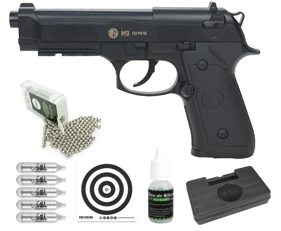 Pistola de Pressão CO2 Beretta M9 4,5mm esfera aço Rossi Wingun + Co2 + Munição + Case + Óleo de silicone + Alvos