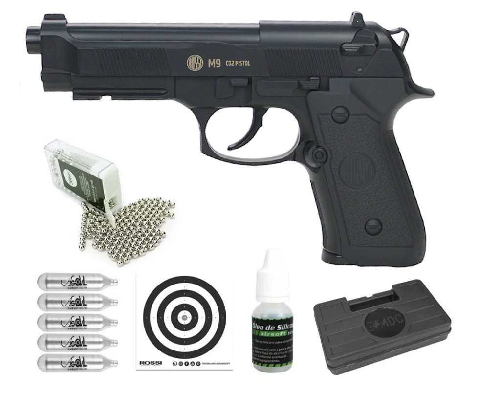 Pistola de Pressão CO2 Beretta M9 4,5mm esfera aço Rossi Wingun + Co2 + Munição + Case + Óleo de silicone + Alvos