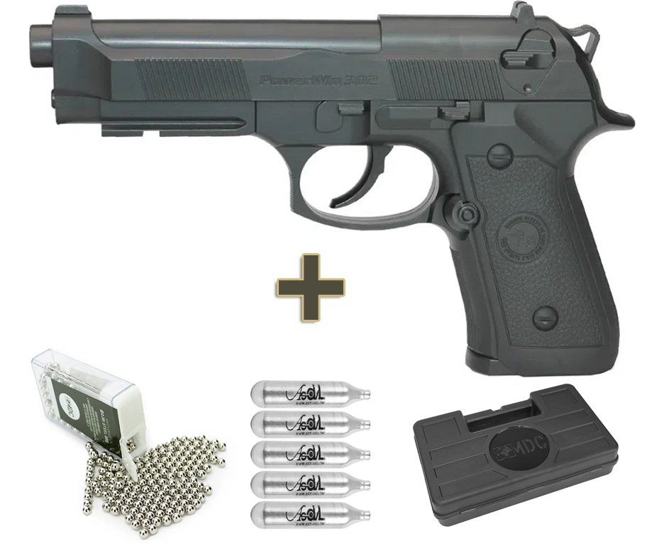 Pistola de Pressão CO2 Beretta M9 4,5mm esfera aço Rossi Wingun + Co2 + Munição + Case