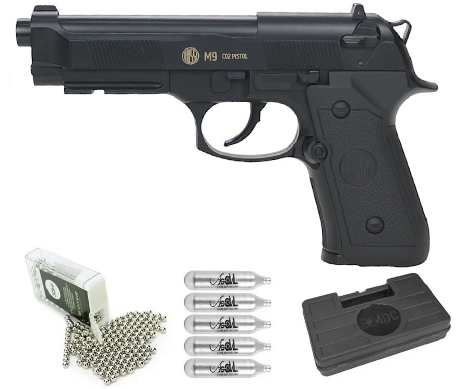 Pistola de Pressão CO2 Beretta M9 4,5mm esfera aço Rossi Wingun + Co2 + Munição + Case