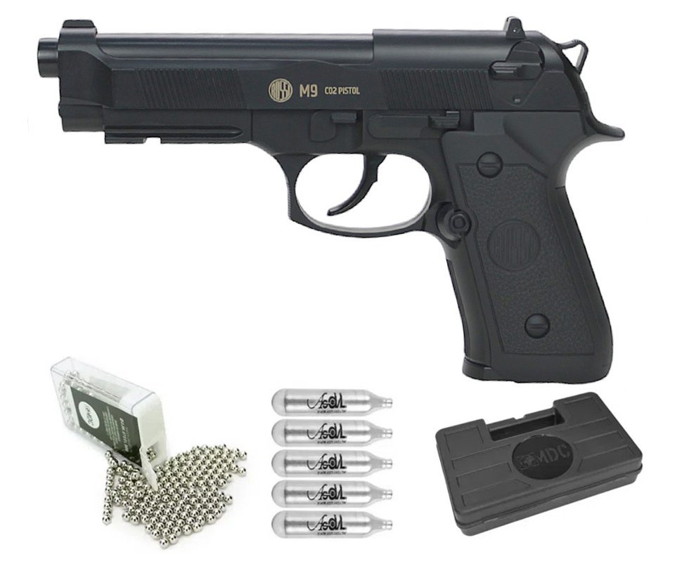 Pistola de Pressão CO2 Beretta M9 4,5mm esfera aço Rossi Wingun + Co2 + Munição + Case