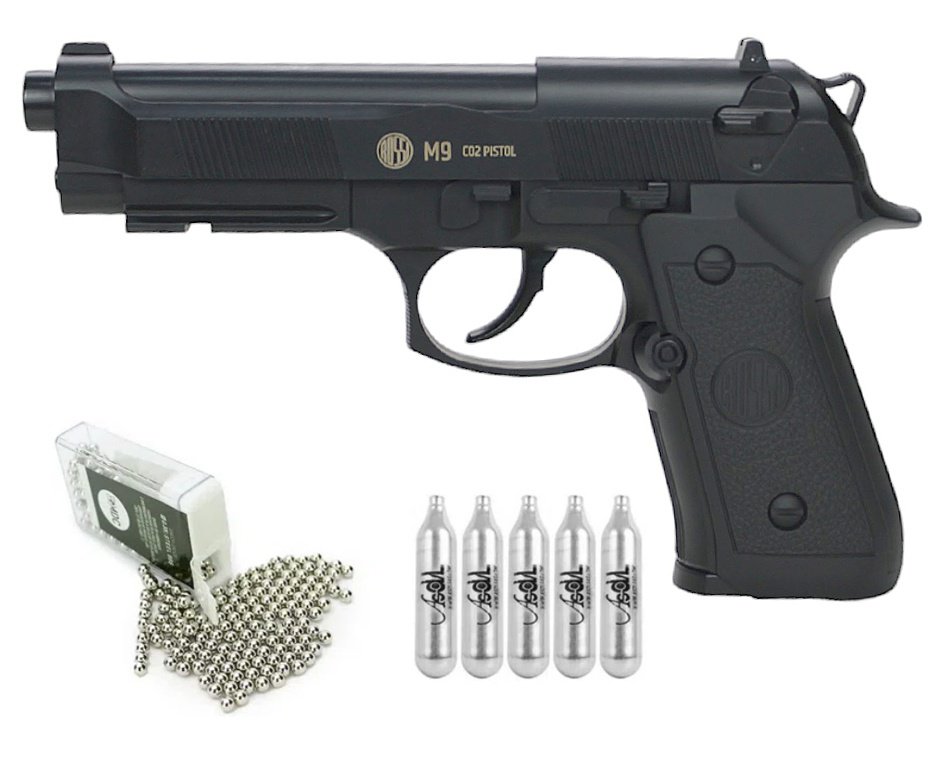 Pistola de Pressão CO2 Beretta M9 4,5mm esfera aço Rossi Wingun + Co2 + Esfera de aço