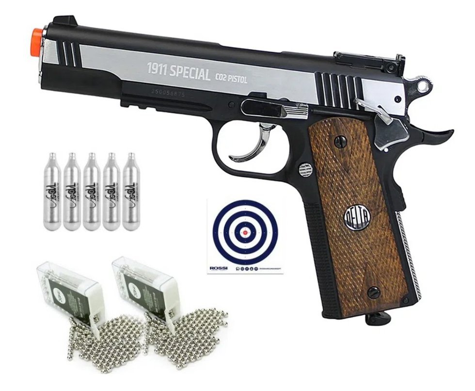 Pistola de Pressão CO2 Colt 1911 Special 4,5mm Rossi Wing Gun + Co2 +Esfera de aço + Alvo