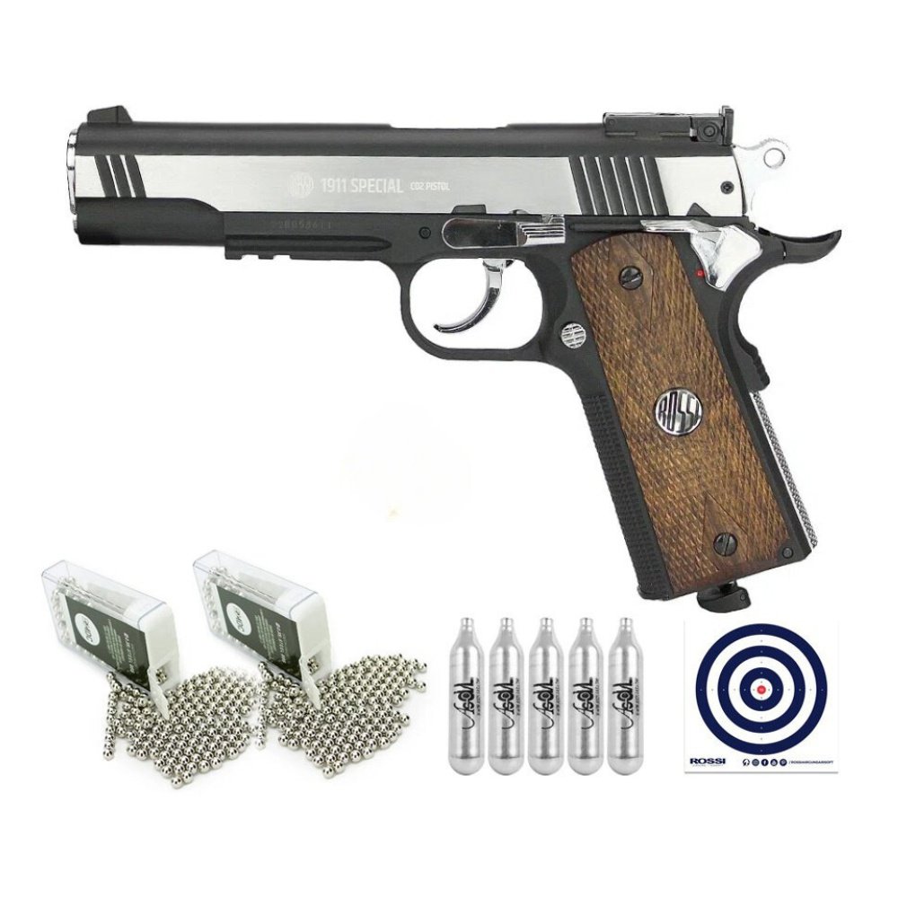 Pistola de Pressão CO2 Colt 1911 Special 4,5mm Rossi Wing Gun + Co2 +Esfera de aço + Alvo