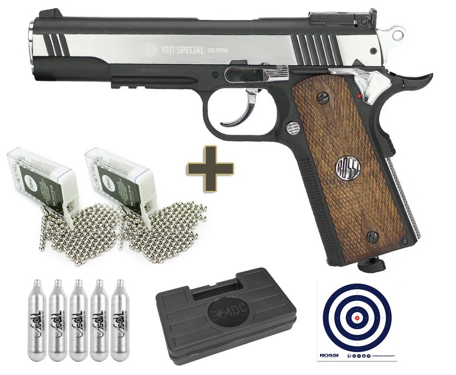 Pistola de Pressão CO2 Colt 1911 Special 4,5mm Rossi Wing Gun + Co2 + Munição + Alvos + Capa/Case
