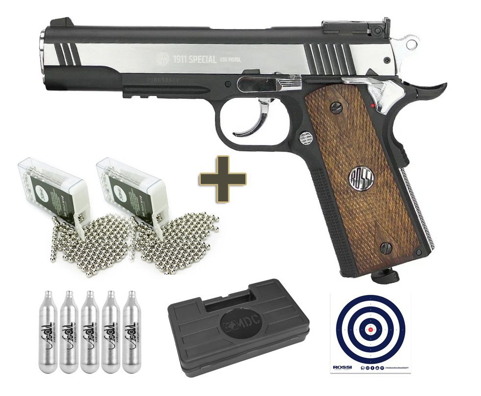 Pistola de Pressão CO2 Colt 1911 Special 4,5mm Rossi Wing Gun + Co2 + Munição + Alvos + Capa/Case