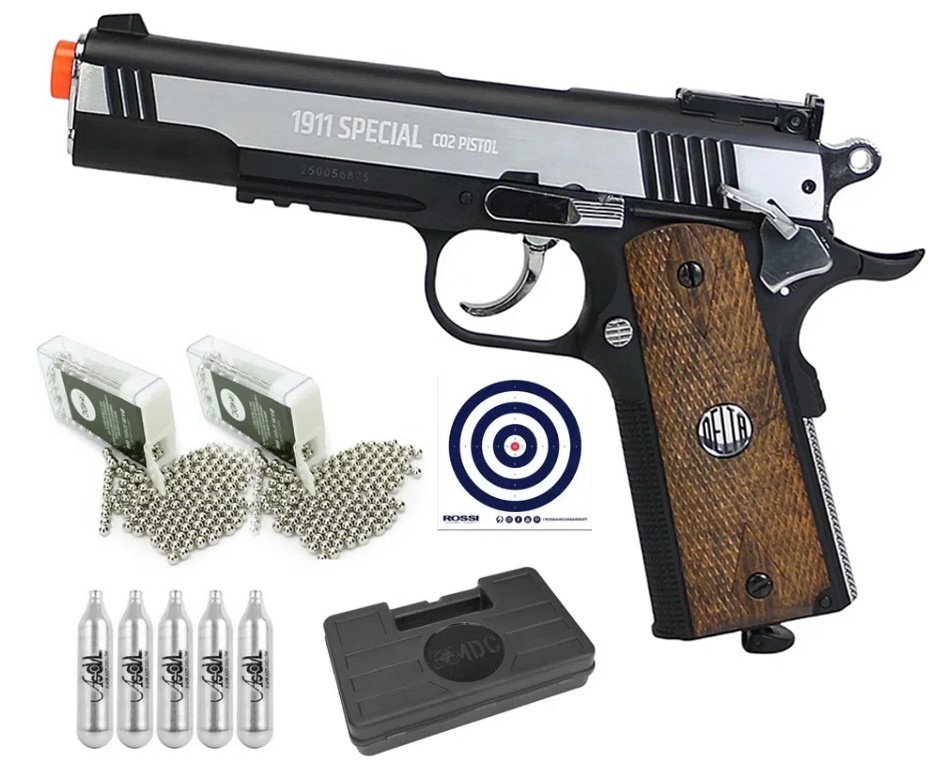 Pistola de Pressão CO2 Colt 1911 Special 4,5mm Rossi Wing Gun + Co2 + Munição + Alvos + Capa/Case
